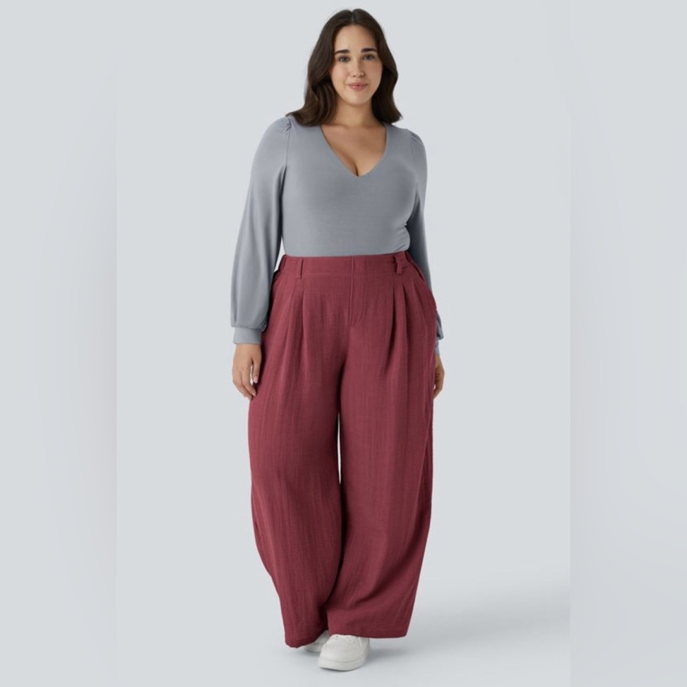 NWT Halara High Waisted Pocket Wide Leg Flowy Casual Linen-Feel Pants. Size 1X